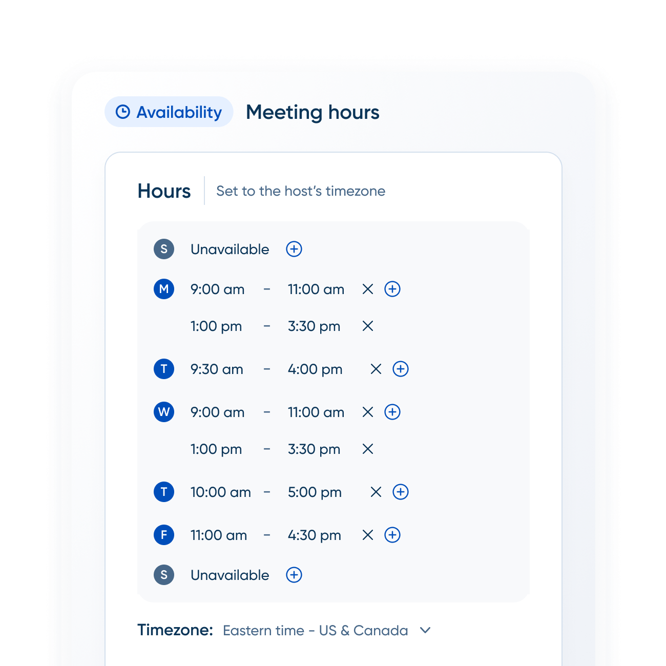 Calendly meeting hours screen showing weekly availability and timezone settings