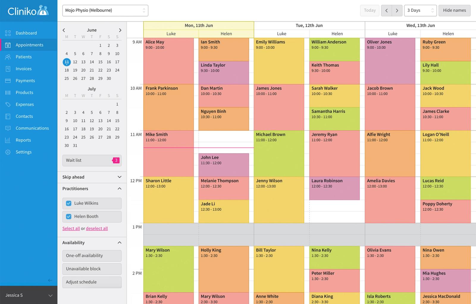 Cliniko appointments calendar for Mojo Physio Melbourne with practitioner schedules