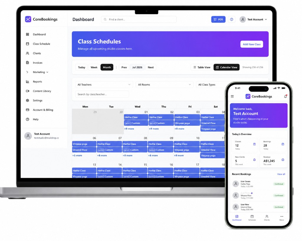CoreBookings dashboard calendar showing a class and appointment timetable