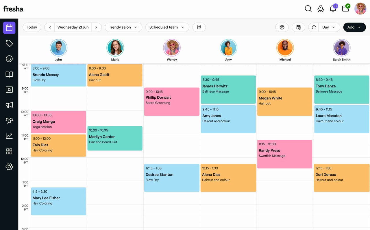 Fresha day calendar showing multi-staff salon appointments