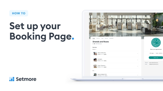 Setmore booking page setup showing salon services and book now button
