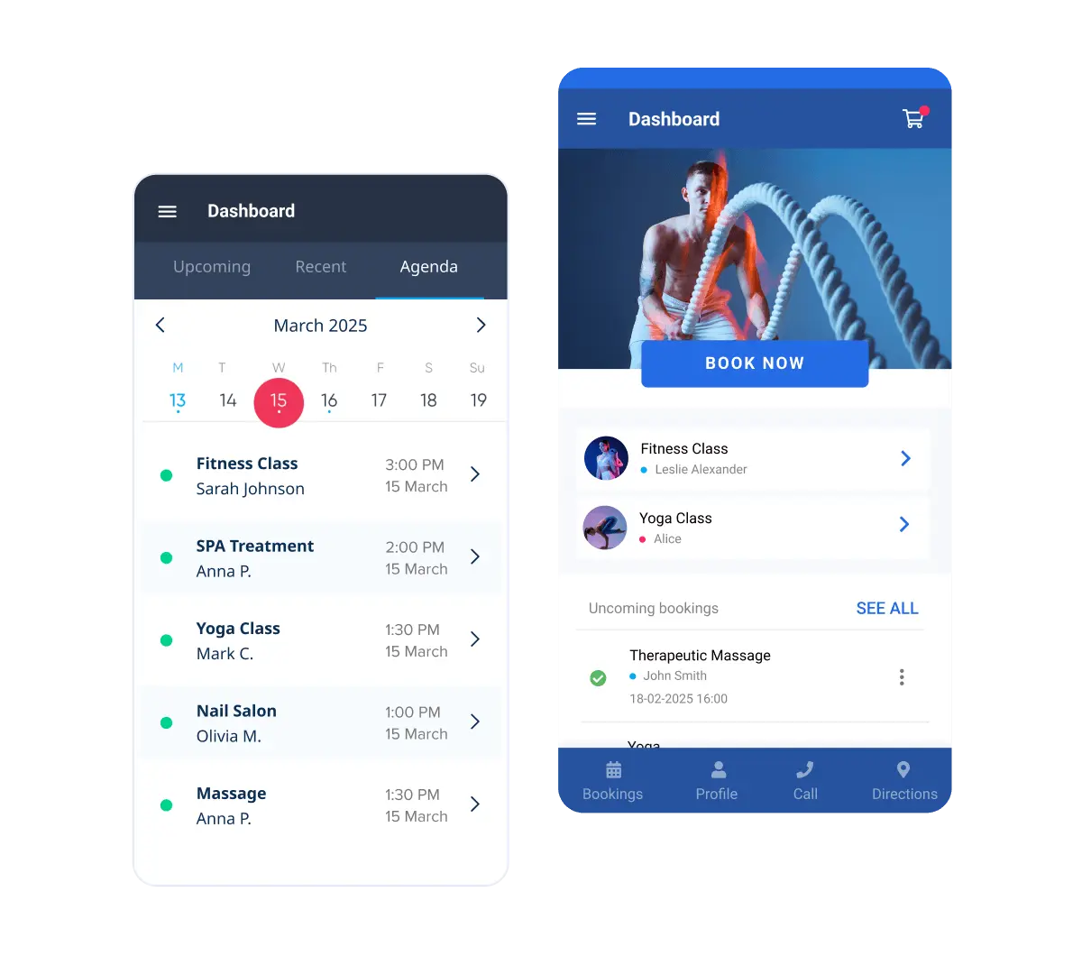 SimplyBook.me mobile booking dashboard showing agenda and book now screens