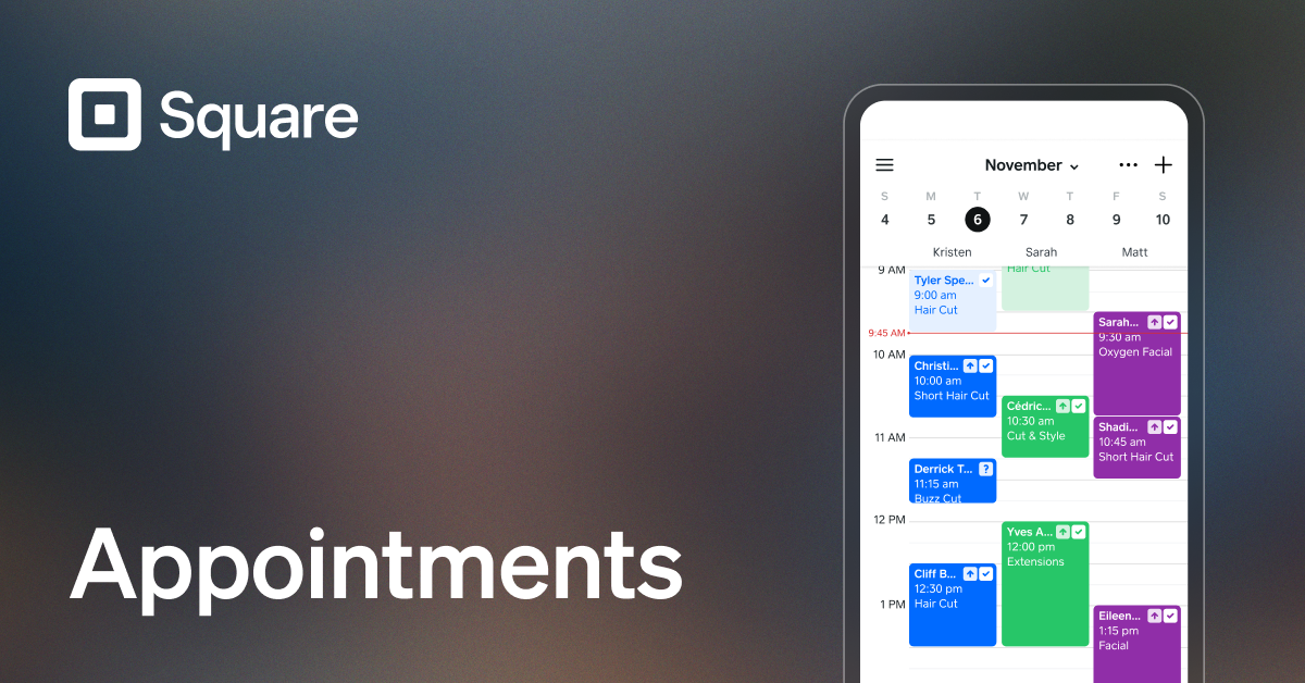 Square Appointments mobile calendar showing staff schedules and booked services
