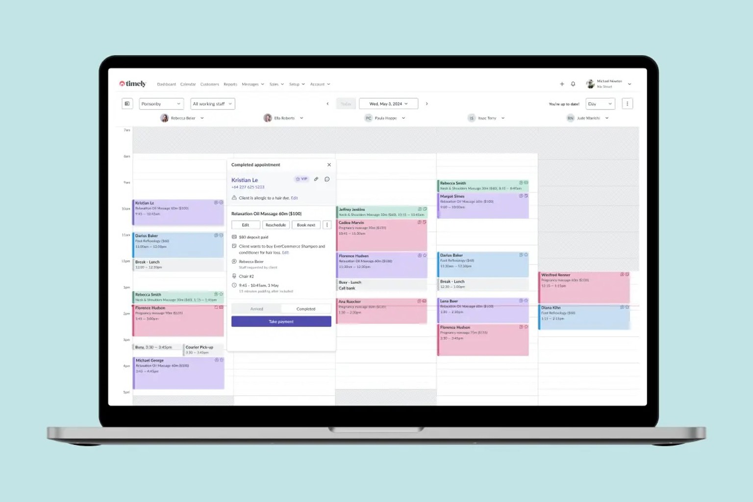Timely salon calendar showing multi-staff appointments and appointment details