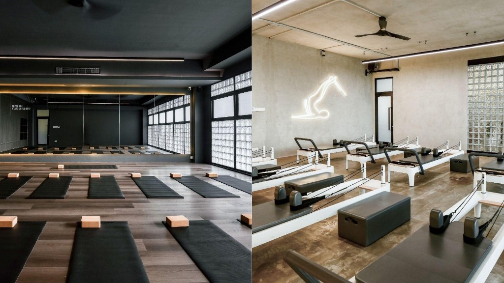 Split comparison of a yoga studio with mats and cork blocks on the left and a Reformer Pilates studio with reformer machines on the right