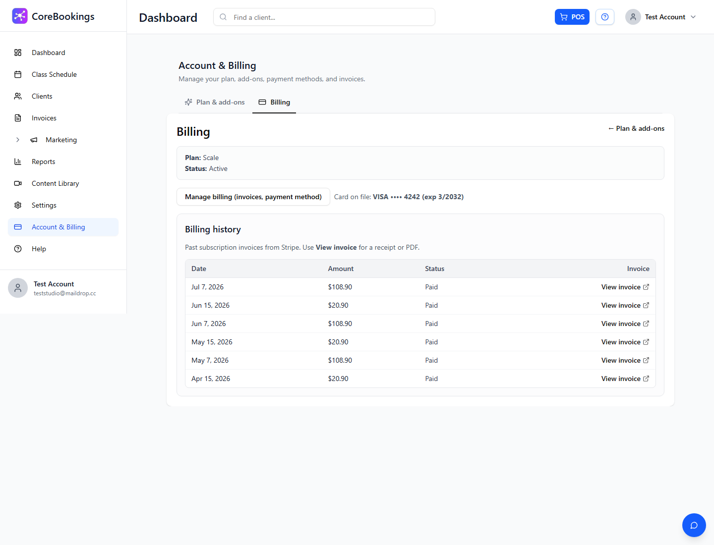 CoreBookings Billing tab showing Manage billing (invoices, payment method)
