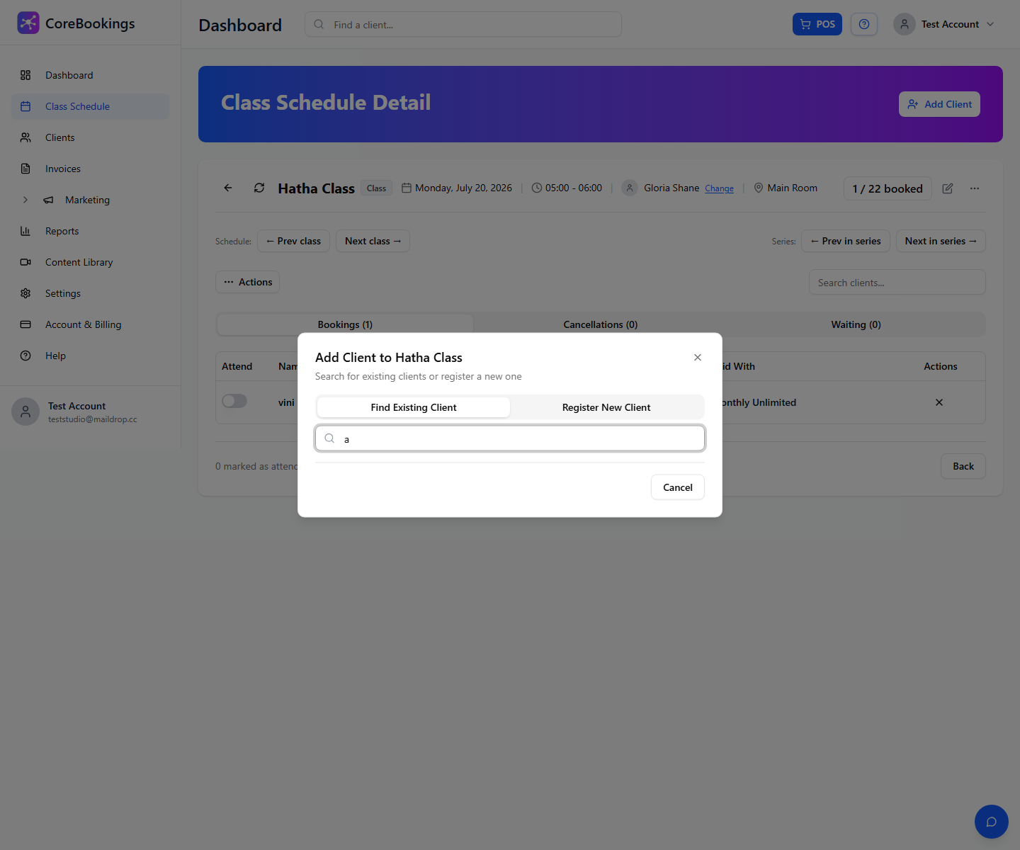 CoreBookings Add Client dialog showing term class and active passes
