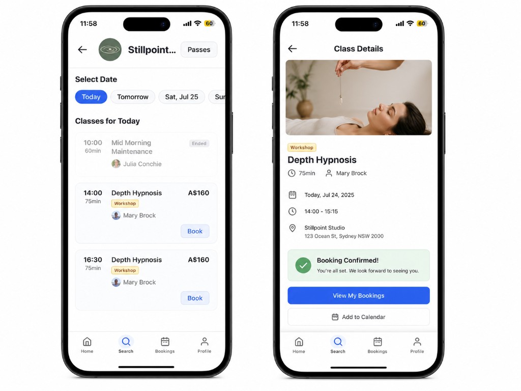 CoreBookings mobile app schedule and booking confirmation
