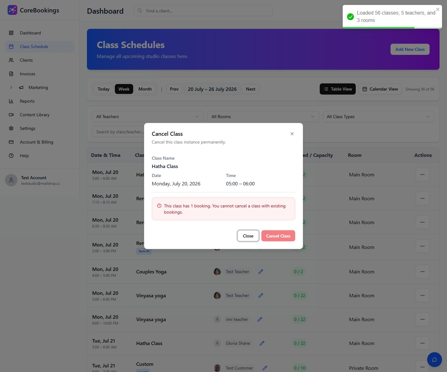 CoreBookings Cancel Class dialog showing class details and no bookings message