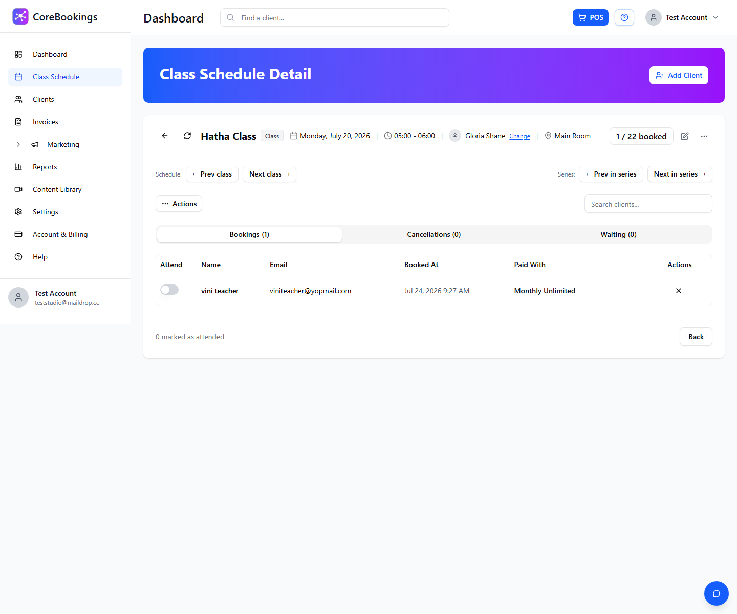 CoreBookings Class Schedule Detail Bookings tab showing Cancel booking action