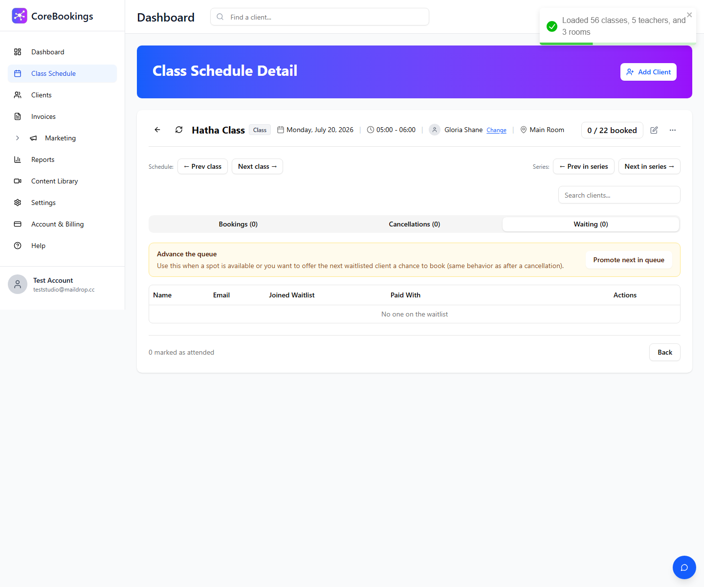 CoreBookings Class Schedule Detail Waiting tab showing waitlisted clients