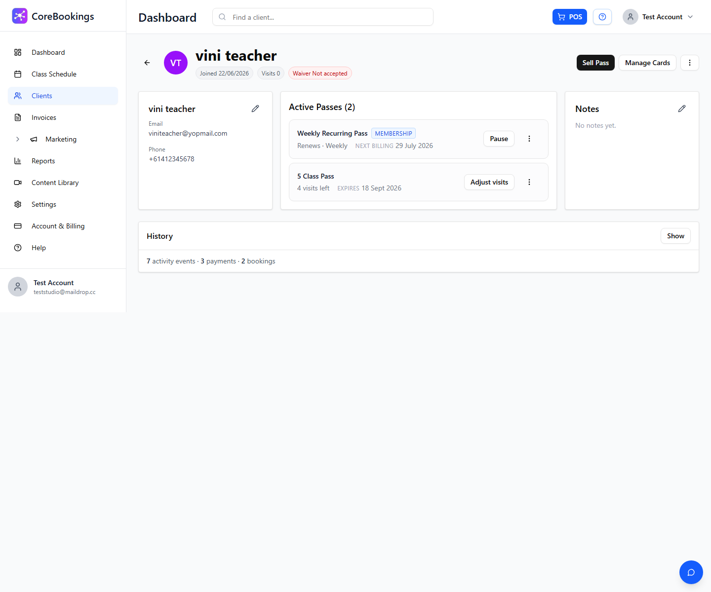 CoreBookings client profile Active Passes section