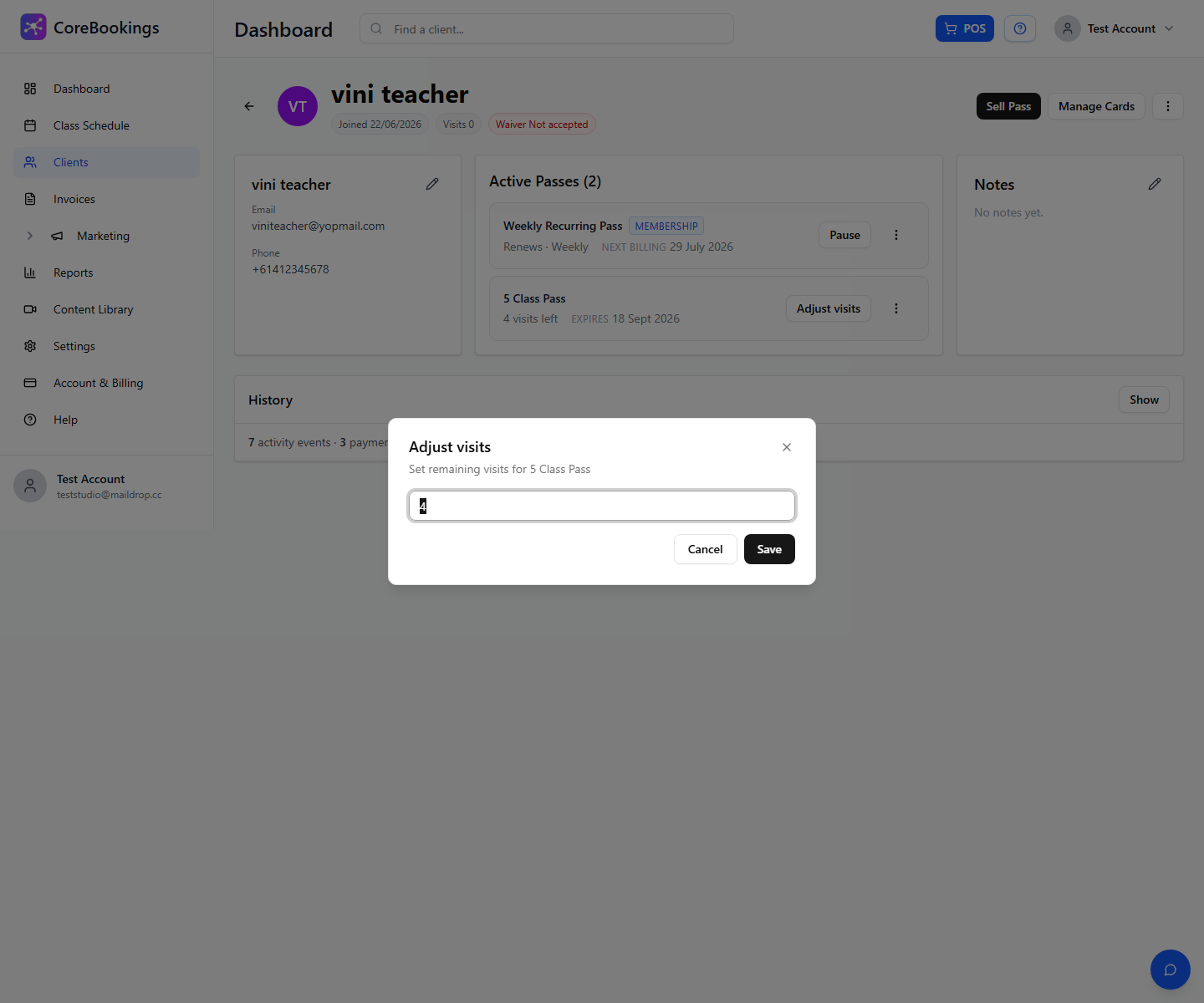 CoreBookings Adjust visits dialog on a client profile