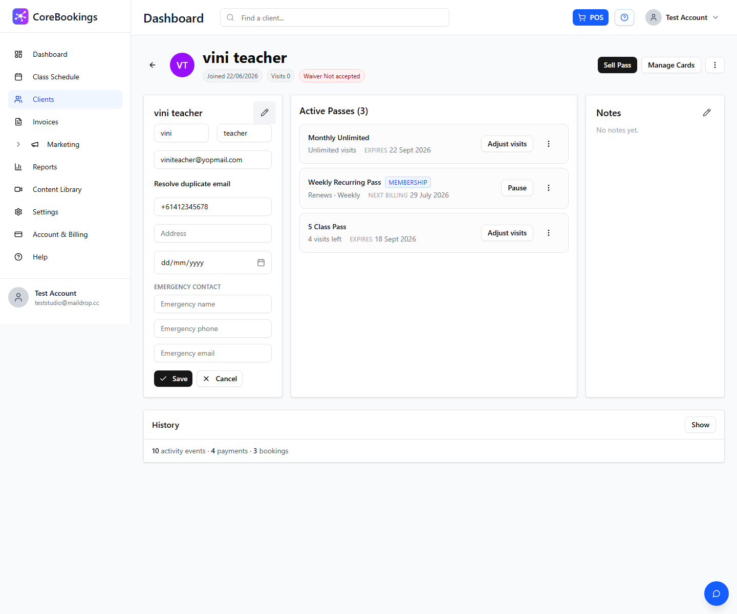 CoreBookings edit personal details form on a client profile