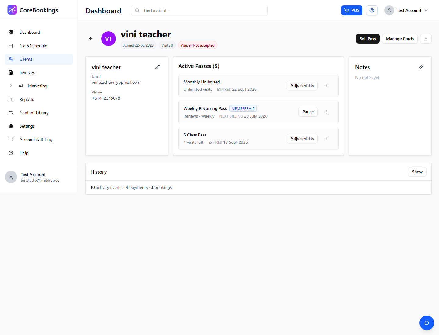 Client profile showing Manage Cards button