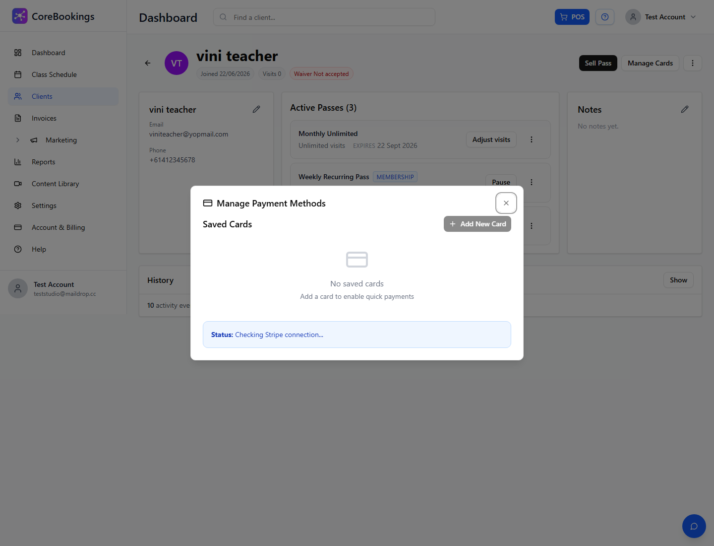 Manage Cards dialog for adding or selecting a client payment card