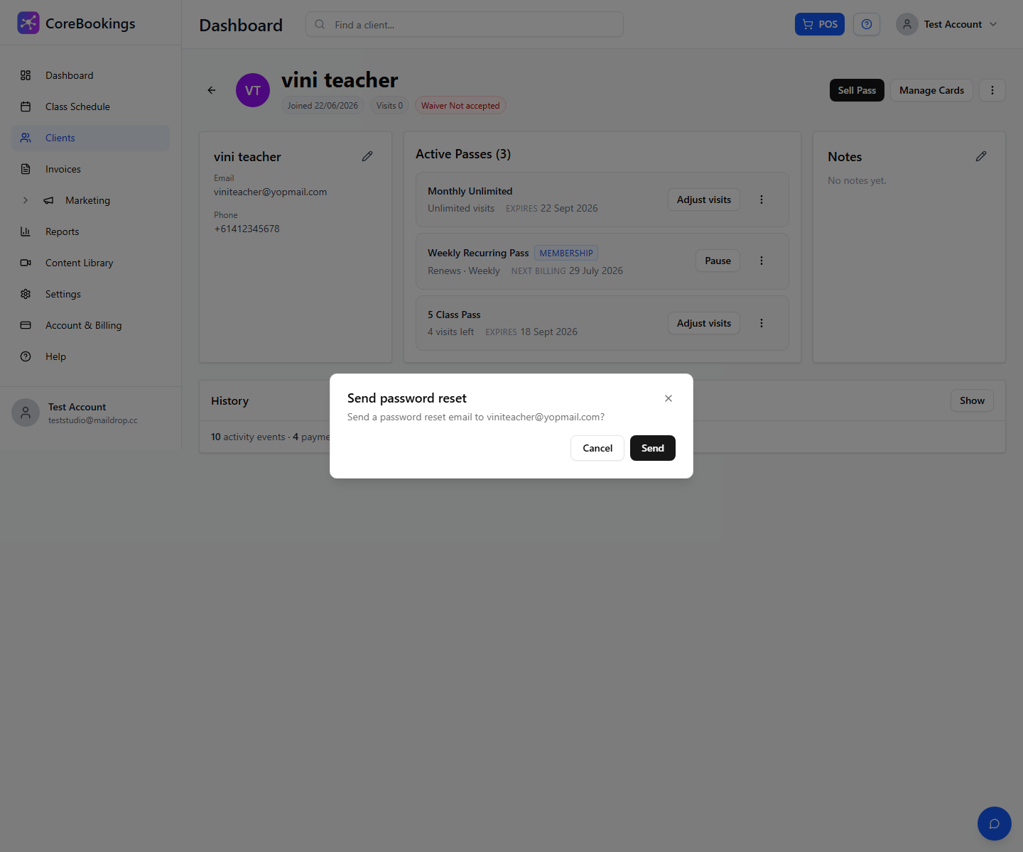 CoreBookings Send password reset confirmation dialog