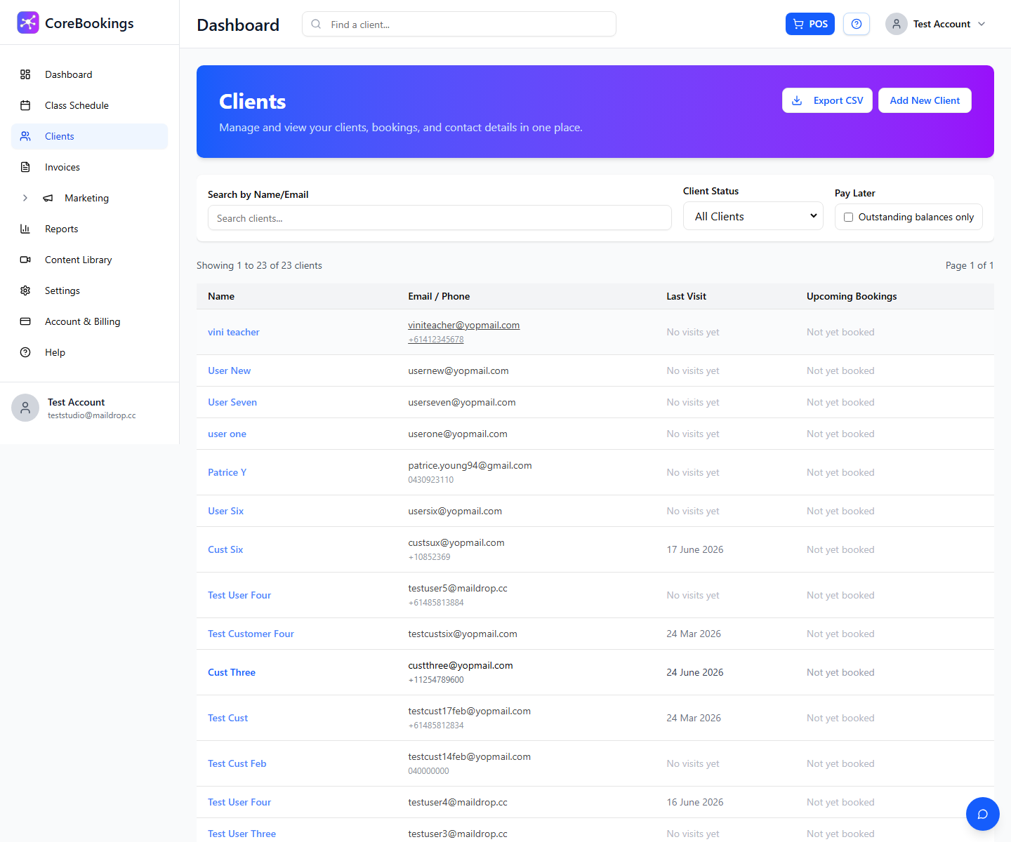Clients list in the CoreBookings dashboard