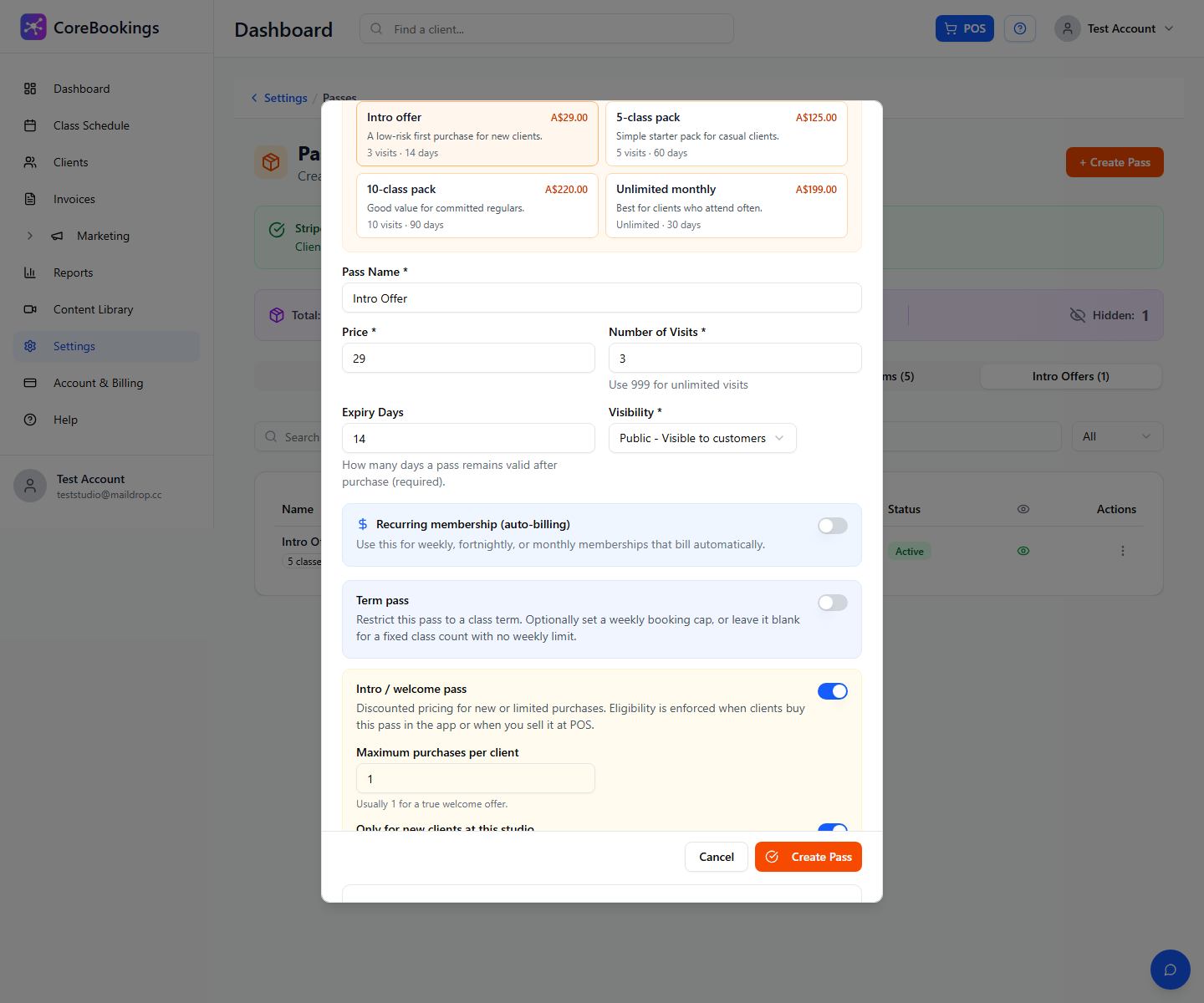 Create Pass dialog with Intro / welcome pass on and Maximum purchases per client set to 1
