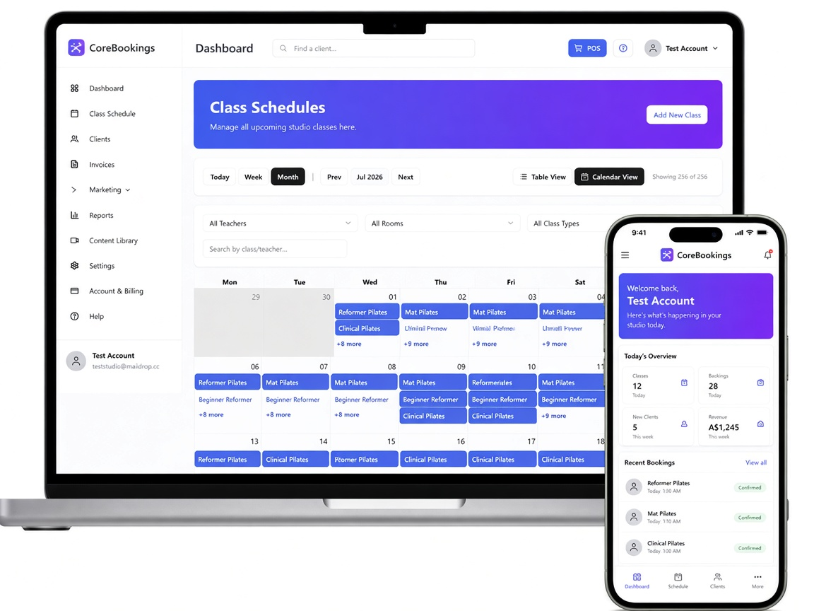 CoreBookings Pilates class schedule on a laptop and the studio app on a phone