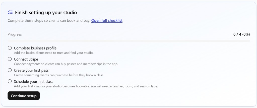 CoreBookings dashboard setup widget showing progress through the four activation steps