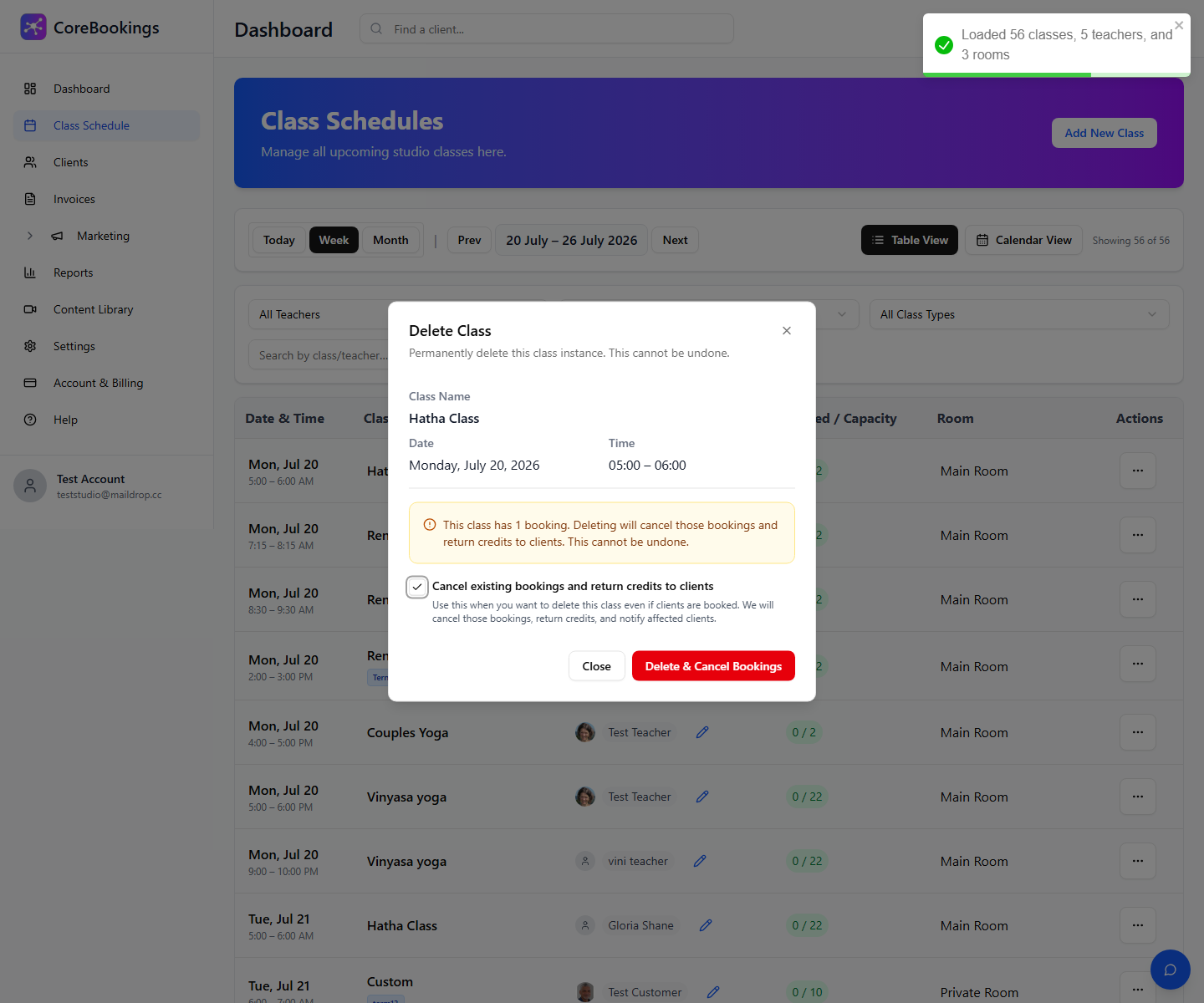 CoreBookings Delete Class dialog with Cancel existing bookings and return credits to clients selected