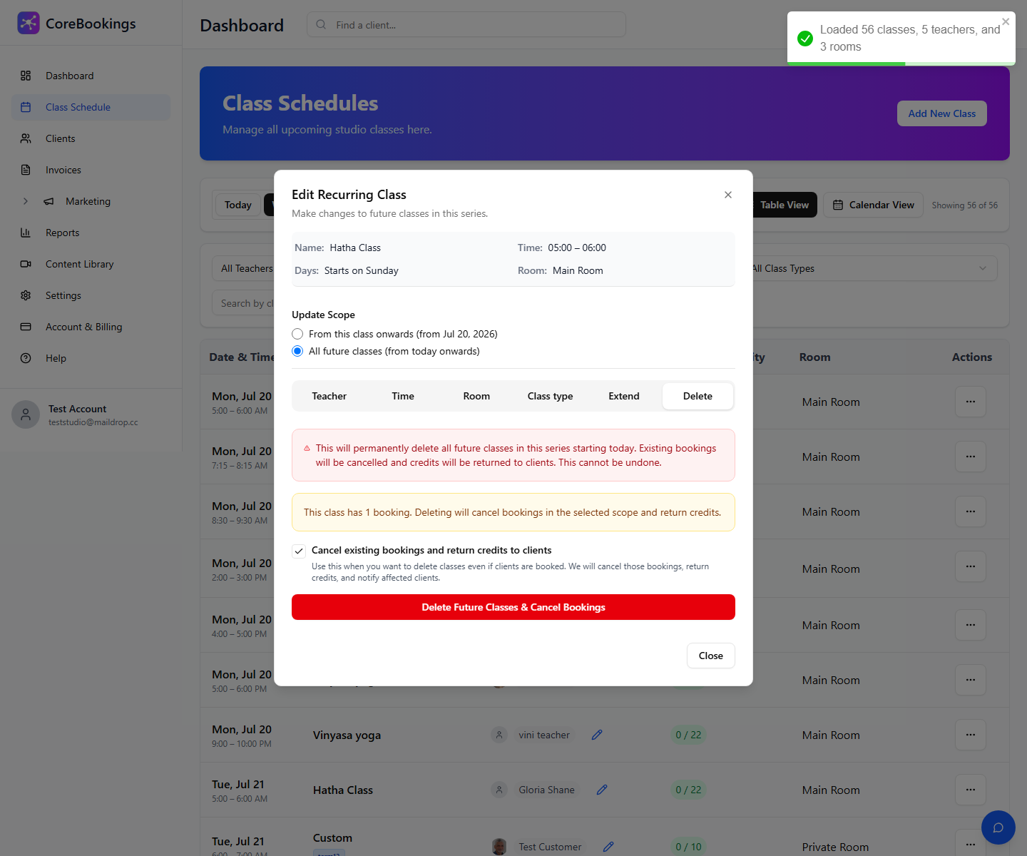 CoreBookings Edit Recurring Class dialog on the Delete tab with scope and refund options