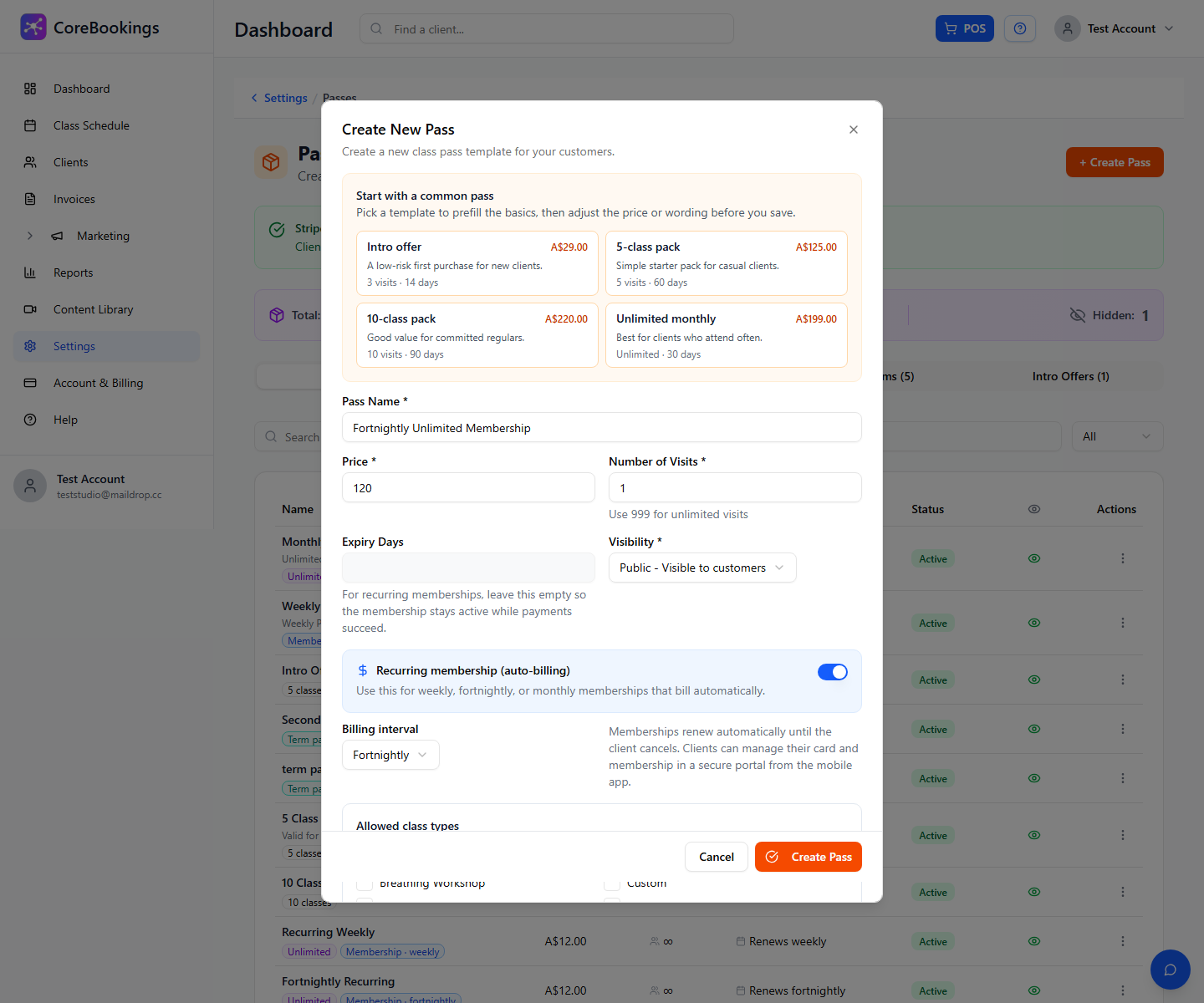 Create New Pass dialog with Recurring membership auto-billing enabled and Billing interval set
