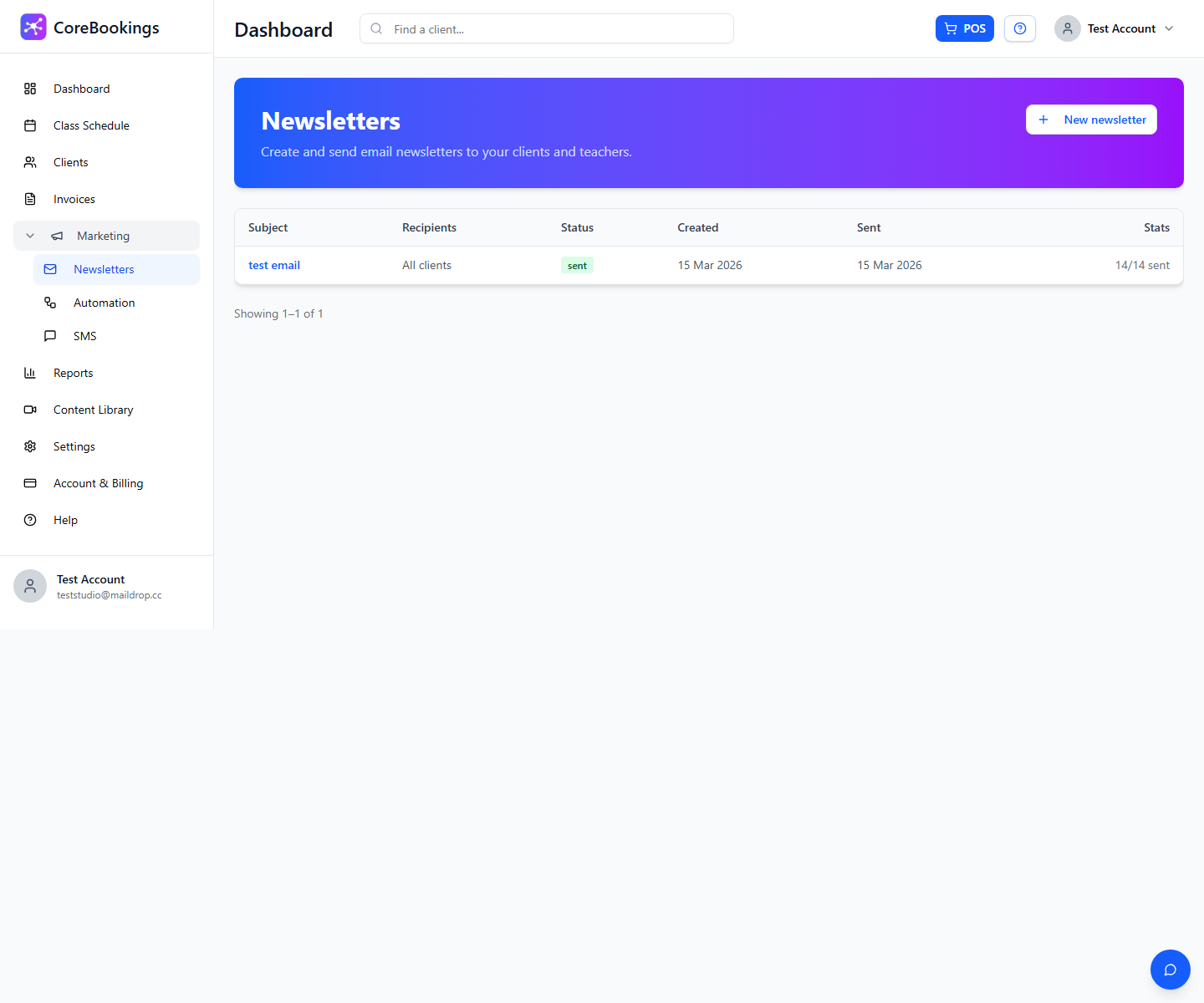 Marketing Newsletters list in the CoreBookings dashboard