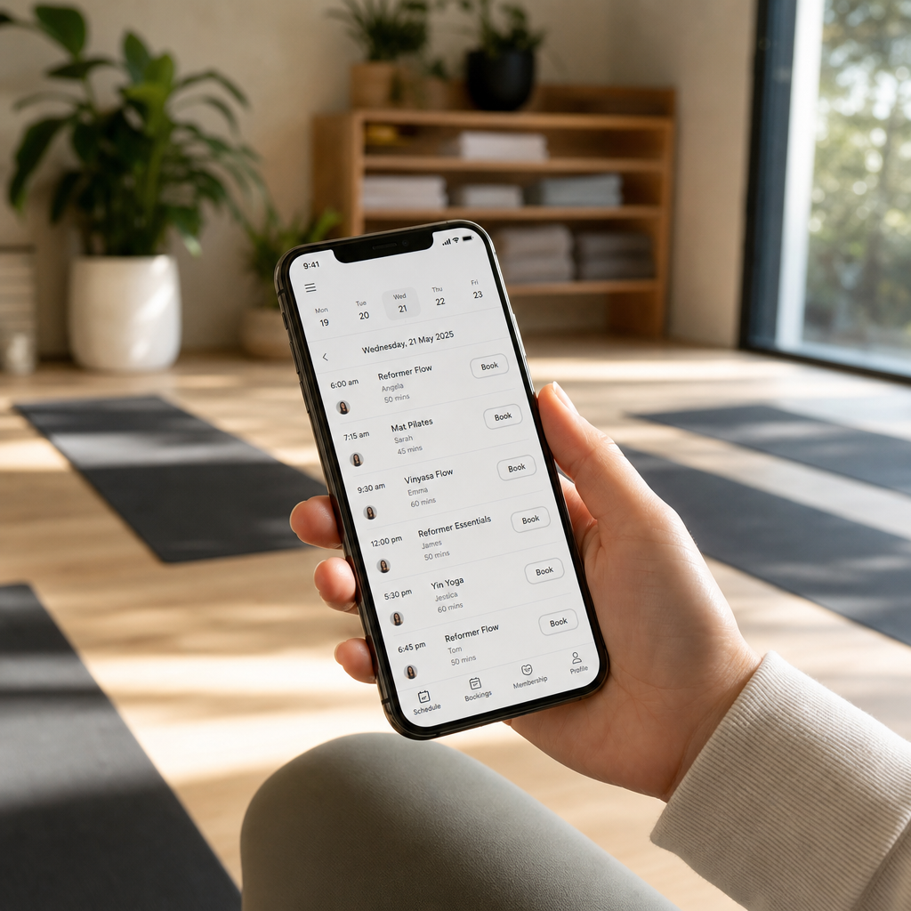 CoreBookings mobile app and studio booking dashboard