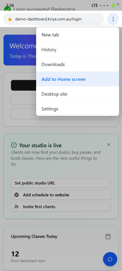 Chrome menu on Android with Add to Home screen highlighted for the CoreBookings dashboard