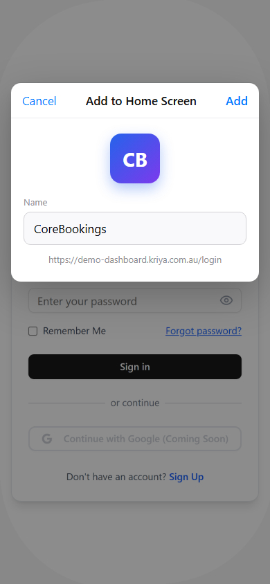 iPhone Add to Home Screen dialog for CoreBookings