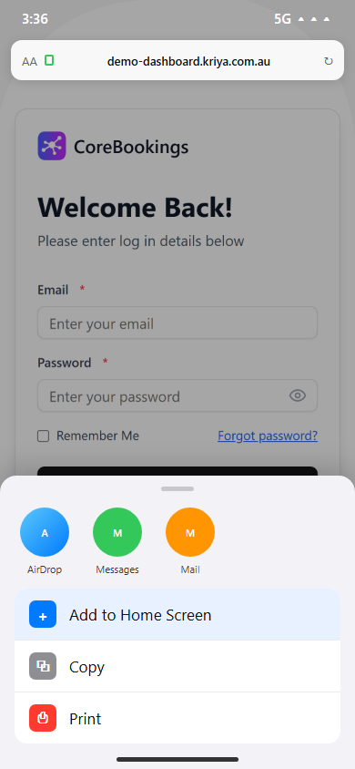 Safari Share menu on iPhone with Add to Home Screen highlighted for the CoreBookings dashboard