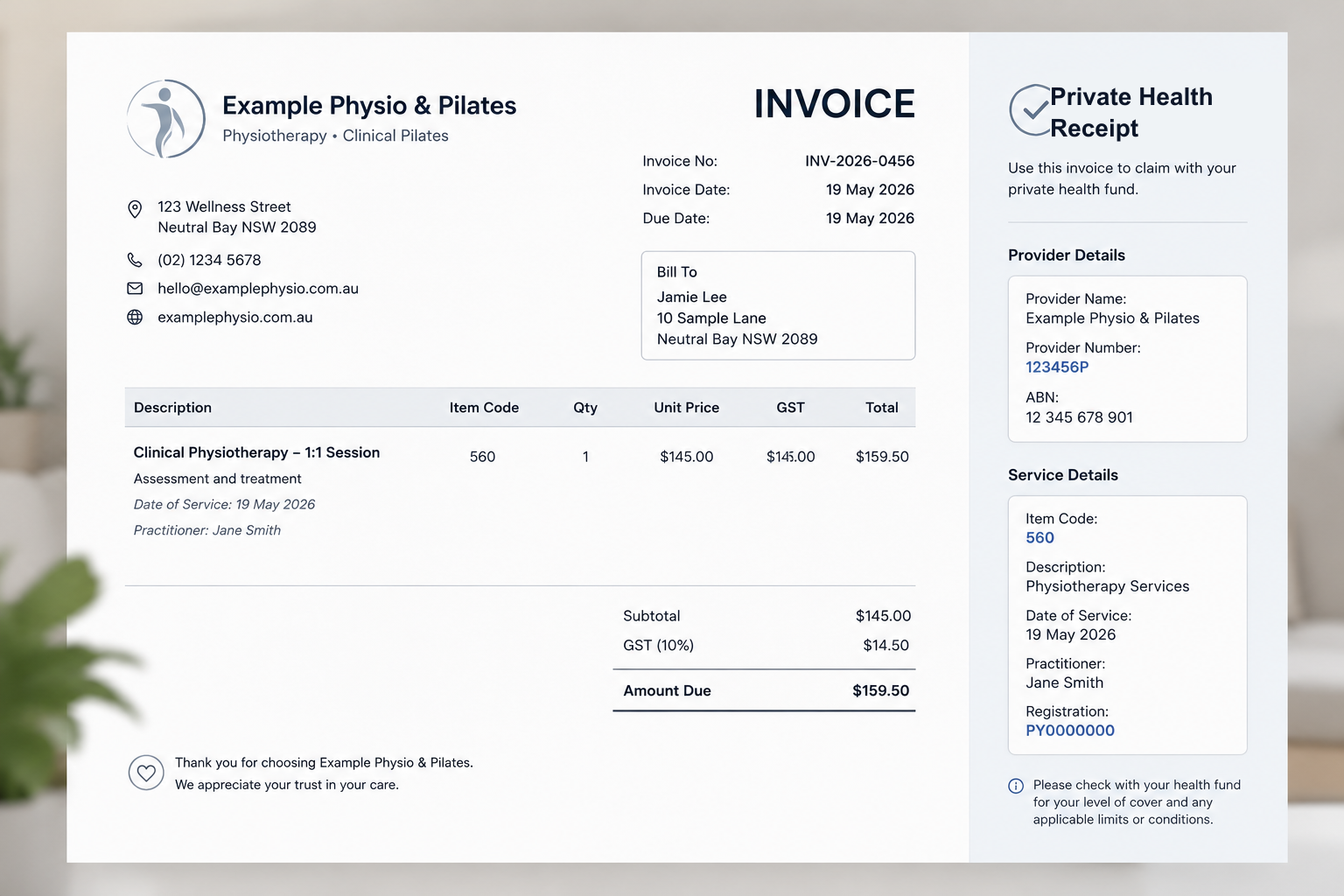 Private health receipt with provider number, item code and practitioner details
