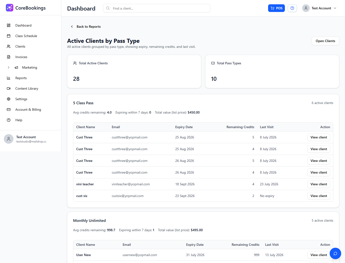 Active Clients by Pass Type report with summary cards and pass groups