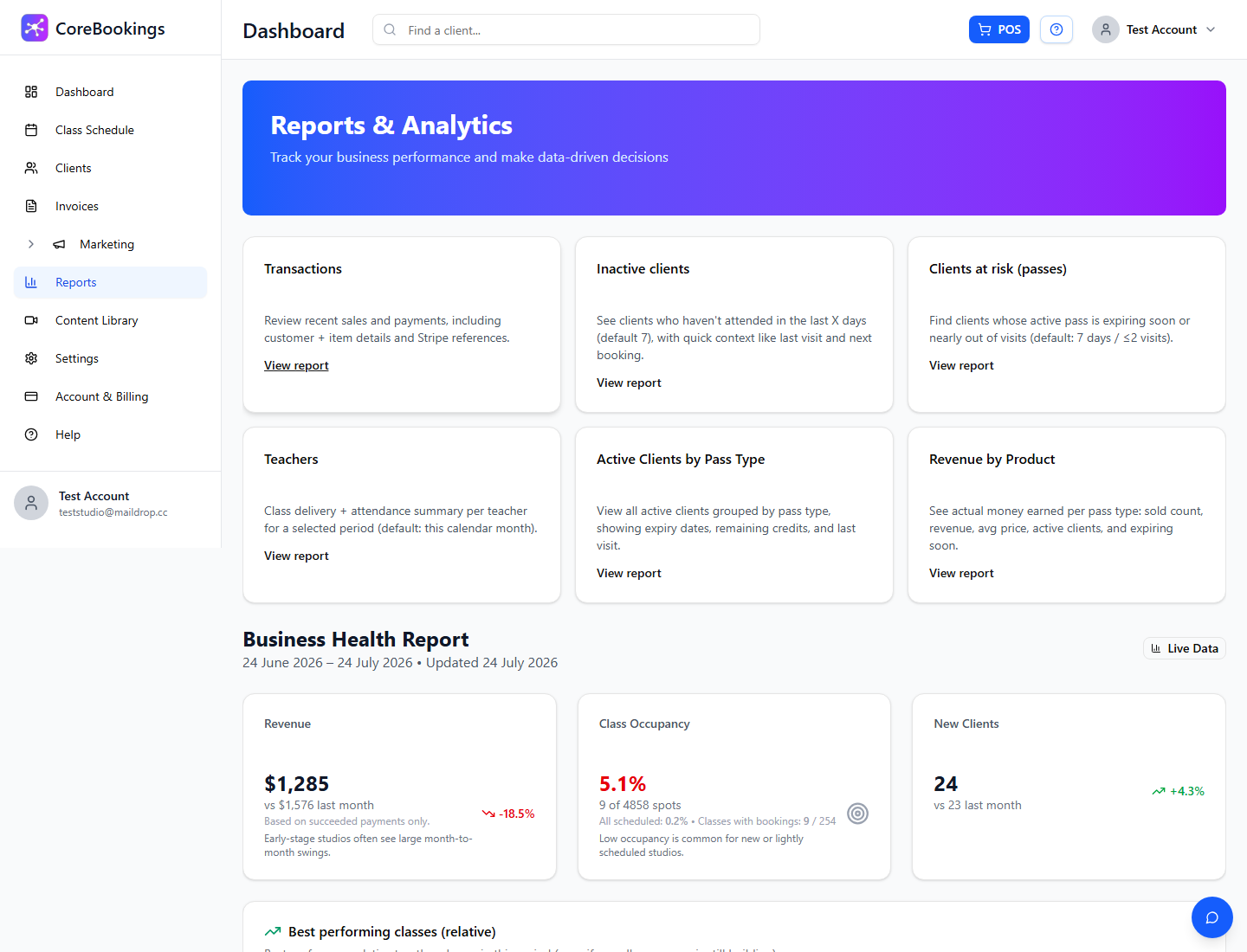 CoreBookings Reports and Analytics hub showing Revenue by Product tile