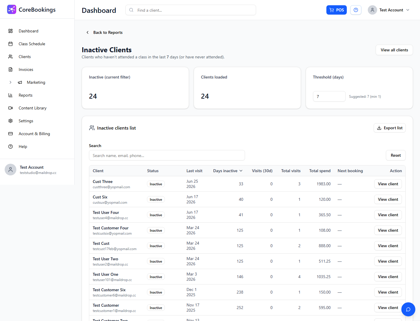 Inactive Clients report with threshold days and client list