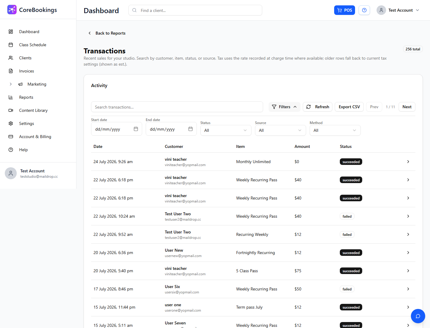 CoreBookings Transactions report with search, Filters, Export CSV, and date filters open