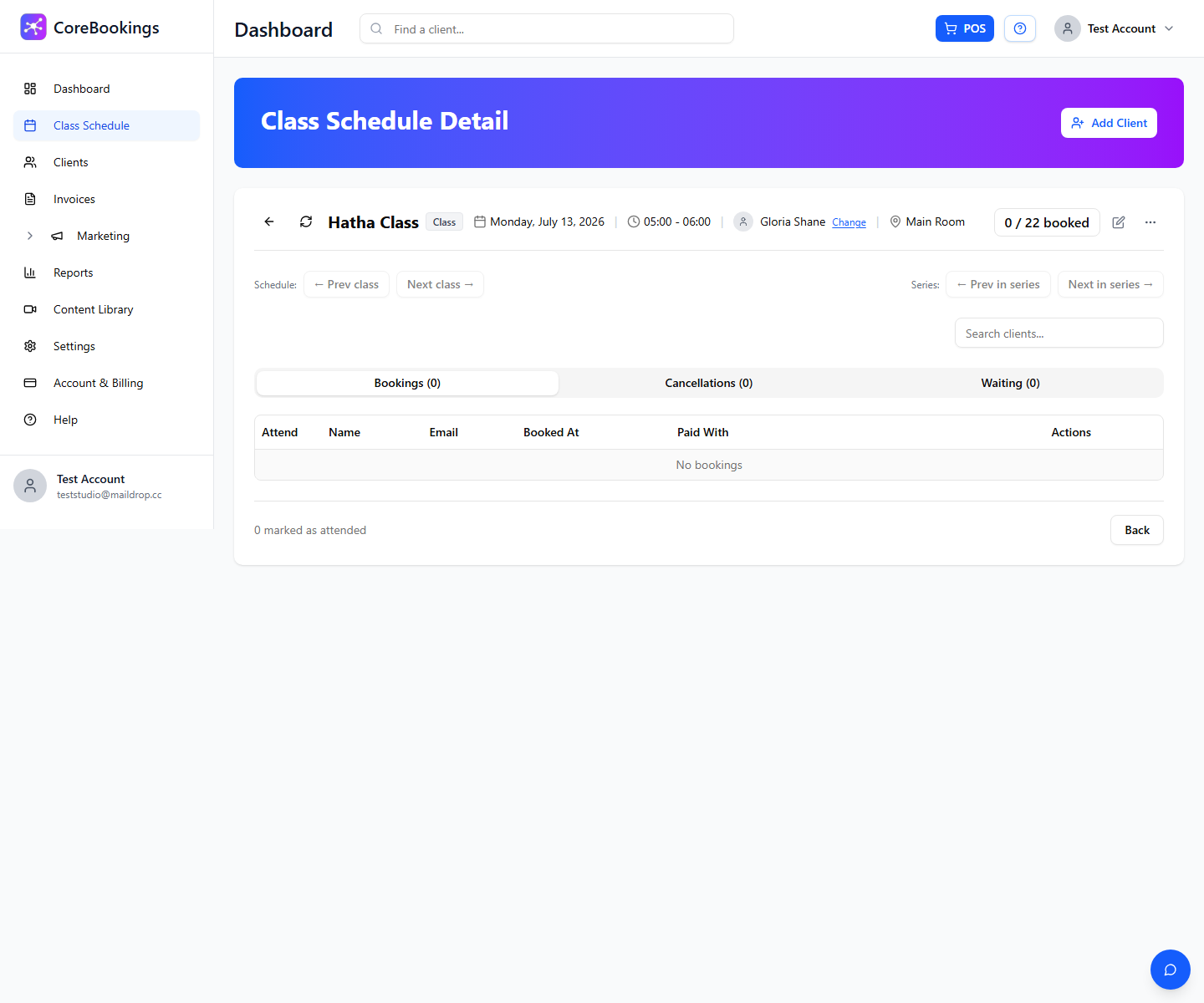 CoreBookings class detail page with Add Client button