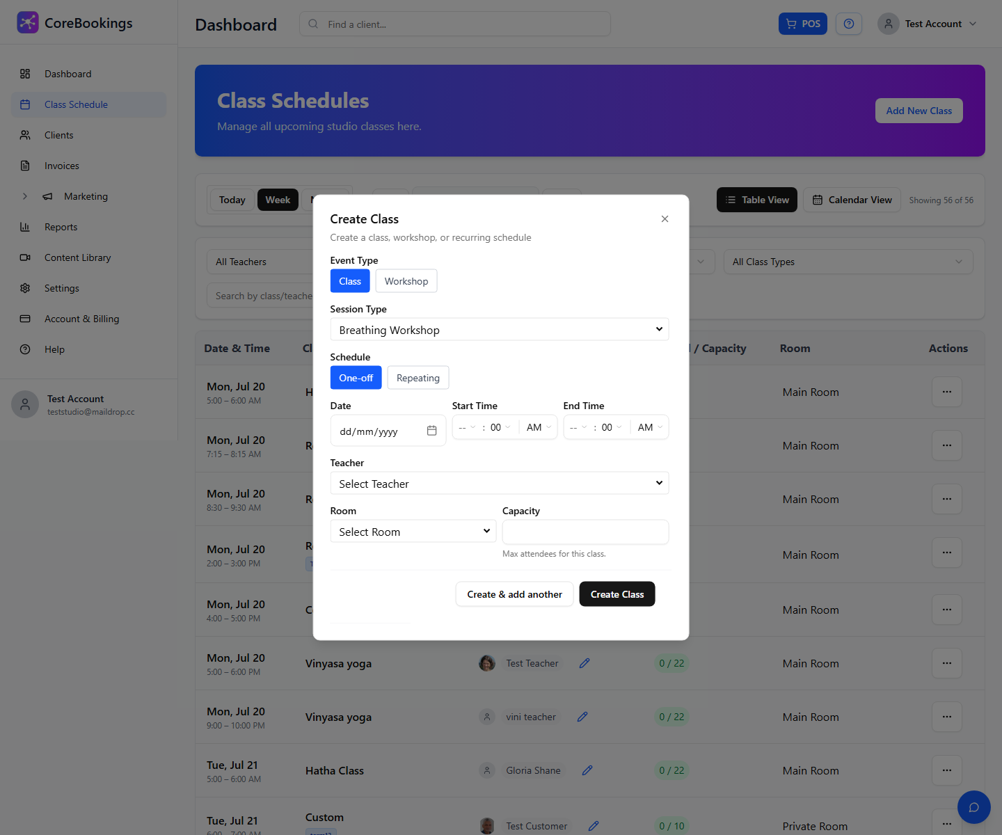 CoreBookings Create Class dialog with Online room selected