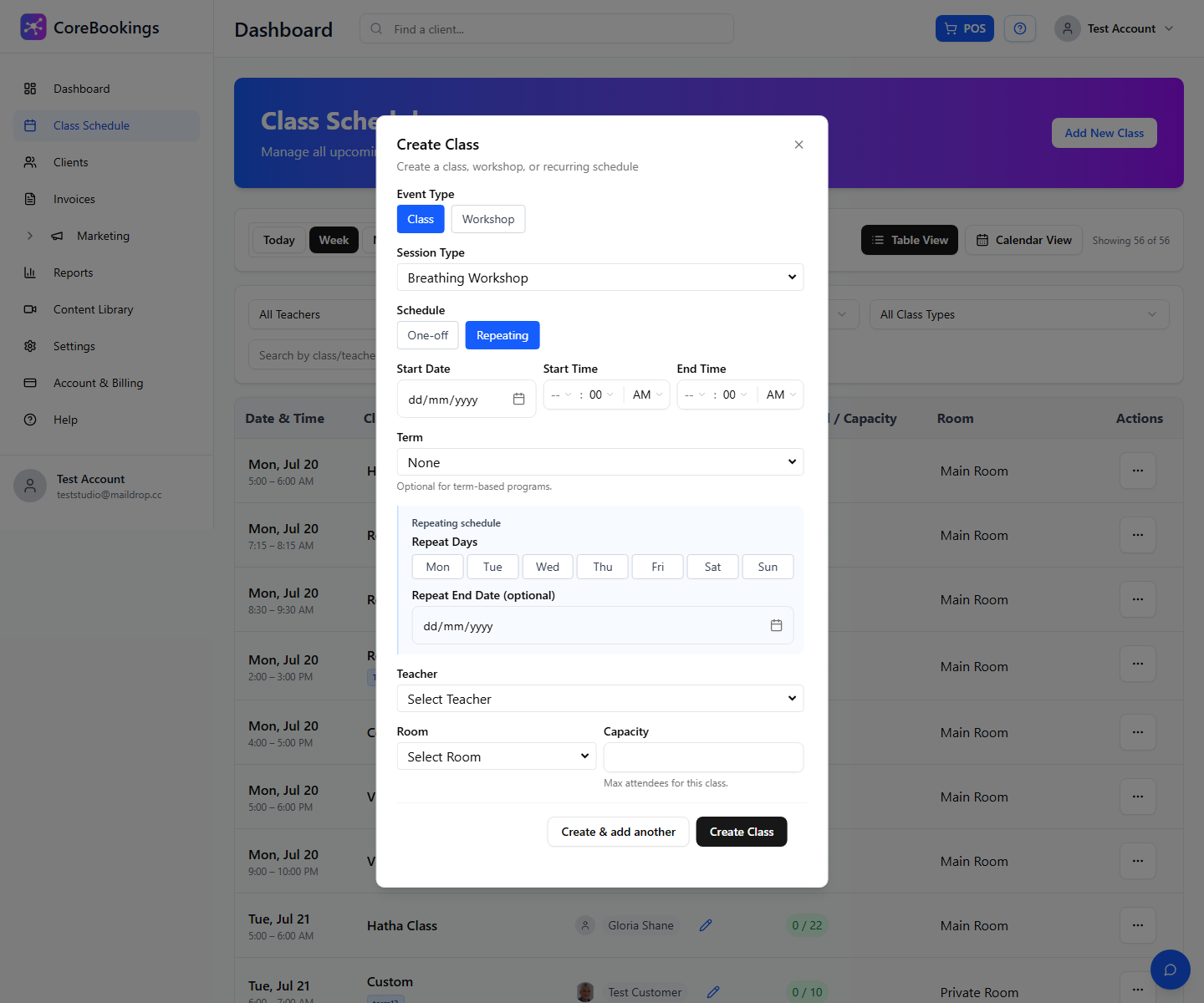 CoreBookings Create Class form with Repeating schedule and Term field