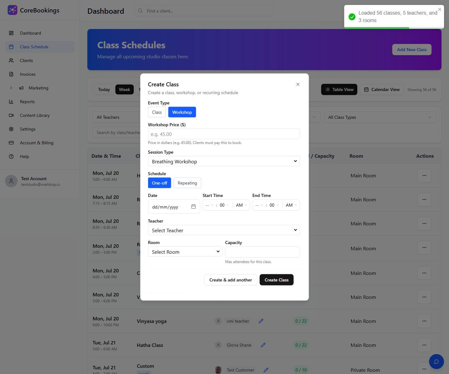 CoreBookings Create Class form showing Workshop event type and Session Type
