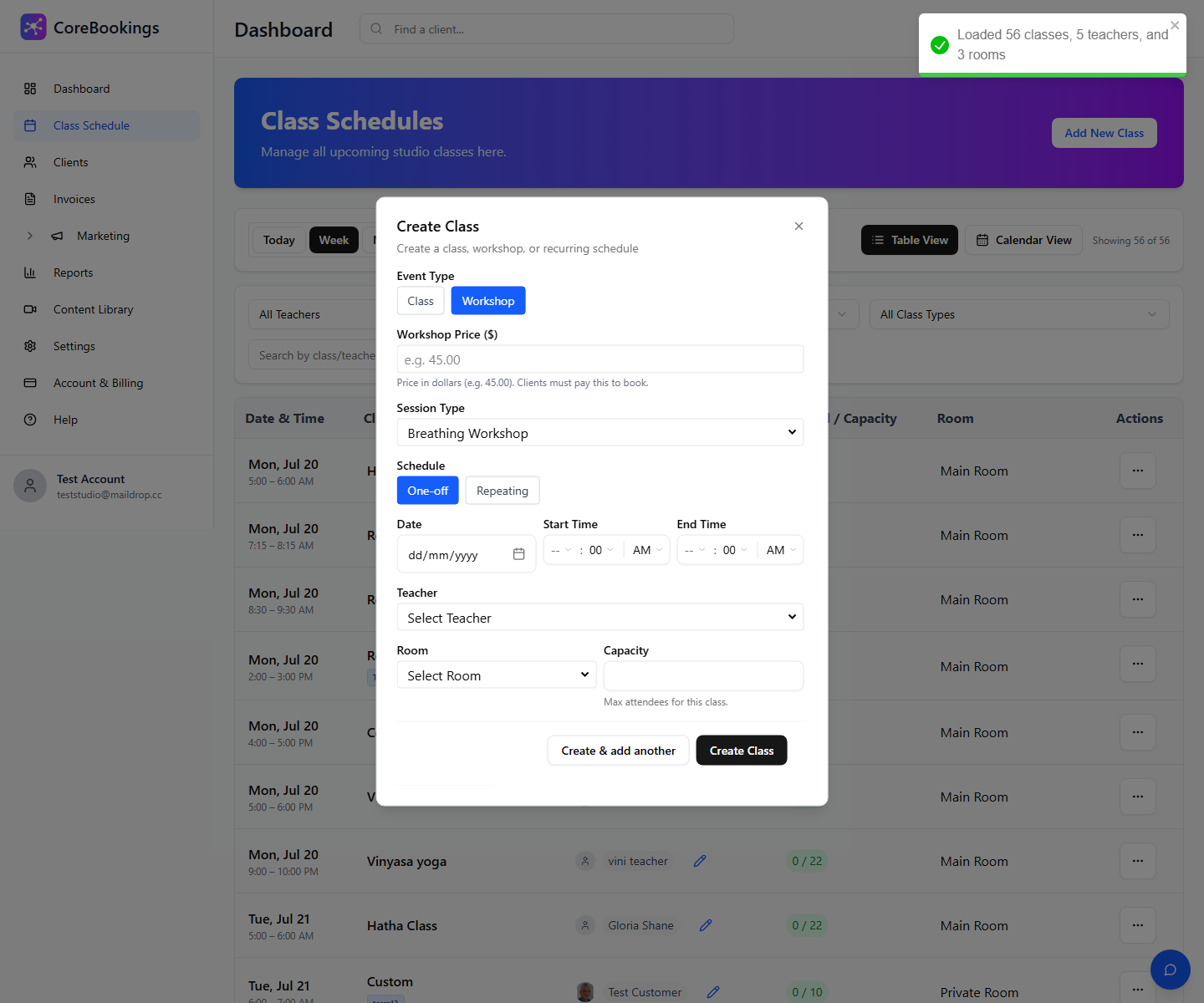 CoreBookings Create Class dialog with Workshop event type and Workshop Price fields