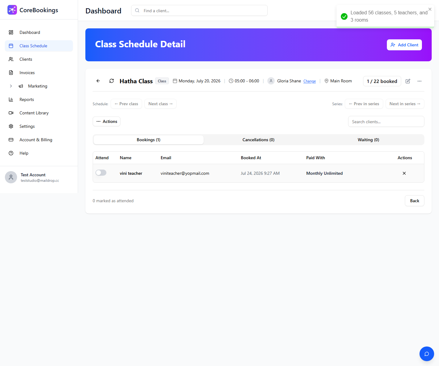 CoreBookings Class Schedule Detail with Add Client for a term class