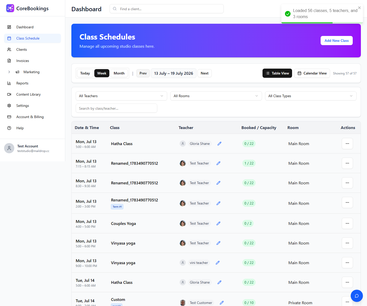 CoreBookings Class Schedule showing a previous week of classes