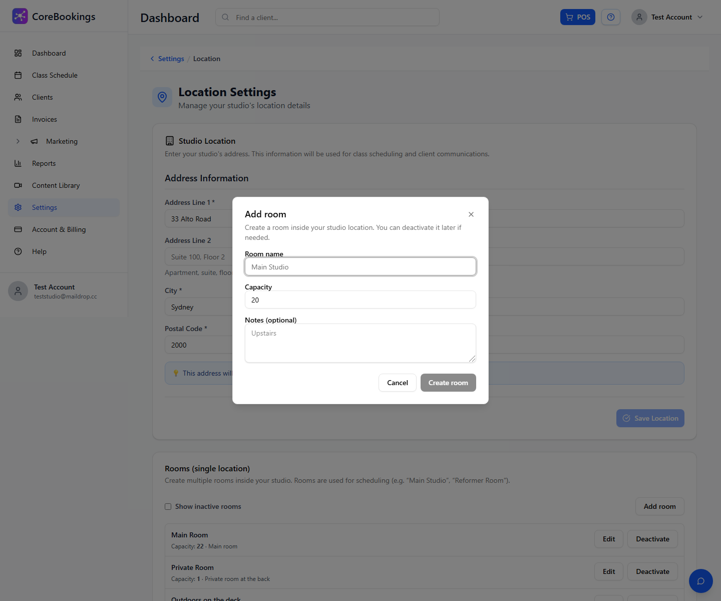 CoreBookings Add room dialog with room name, capacity, and notes fields