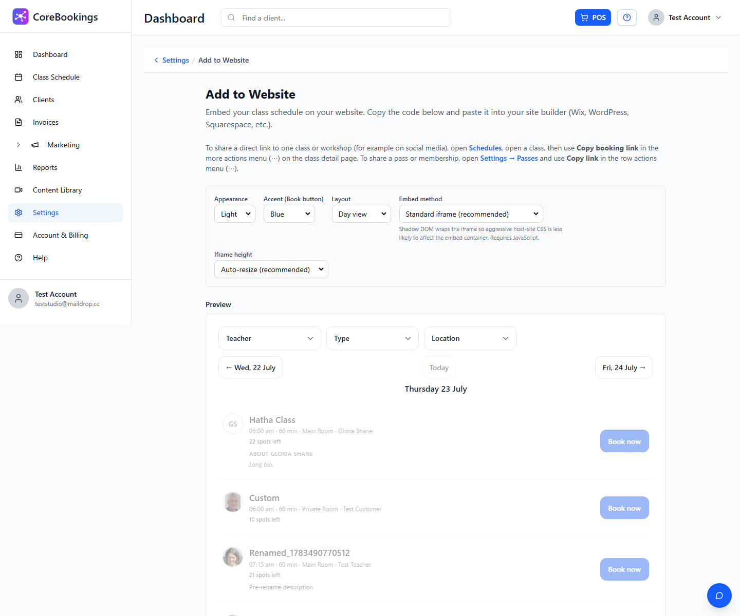 CoreBookings Add to Website page with schedule widget preview, appearance options, and embed code