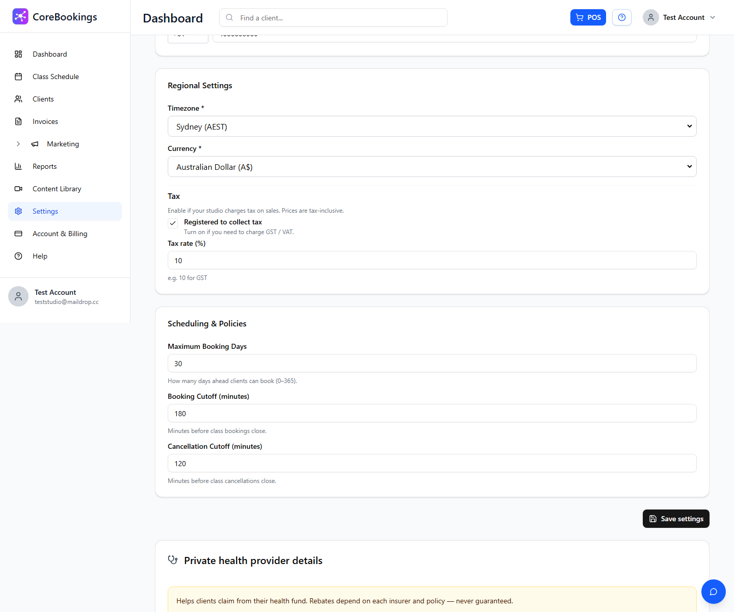 CoreBookings Business Settings showing Cancellation Cutoff minutes field