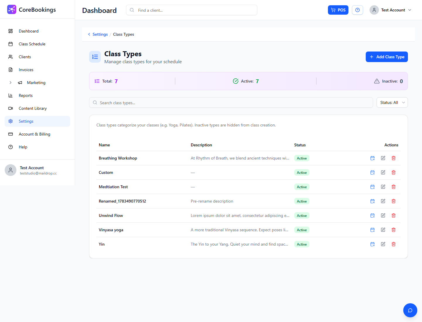 Settings Class Types list