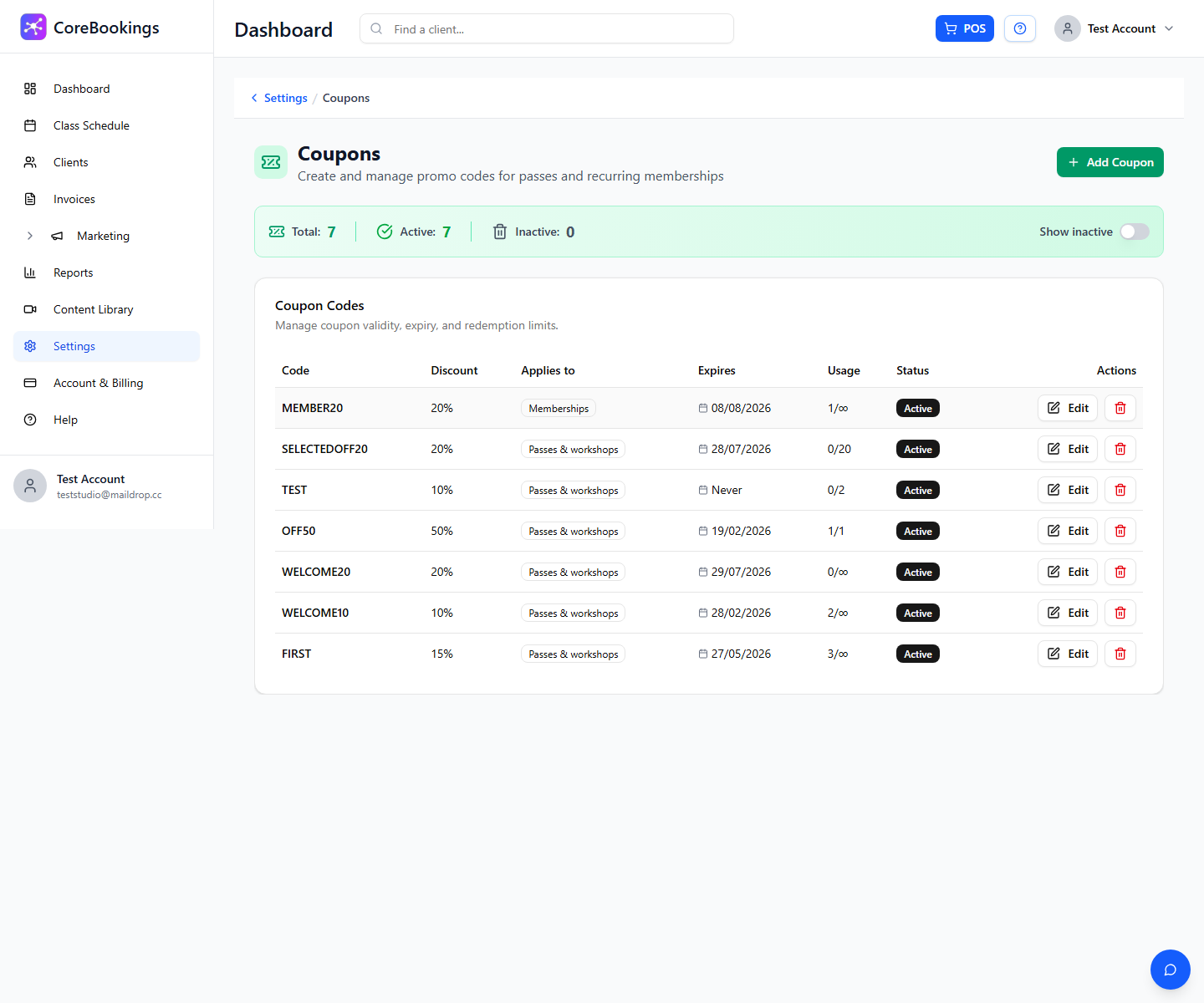 CoreBookings Coupons settings page listing promo codes